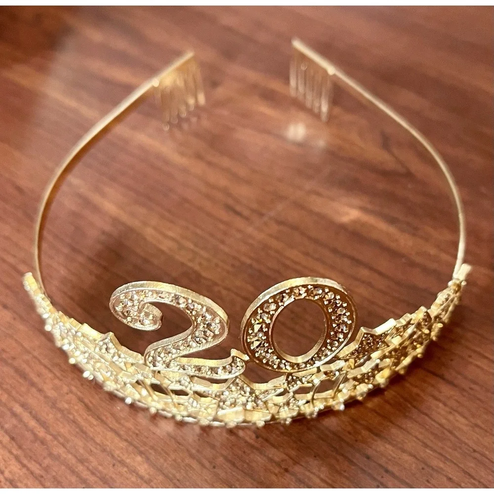 20 Year Birthday Work Anniversary Celebrate‎ Crown Gold Tone Rhinestone & Stars